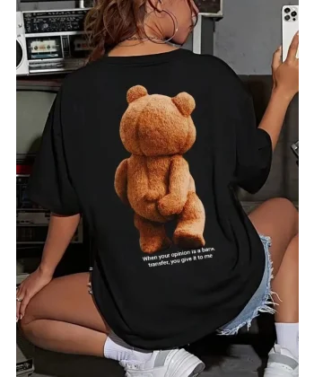 Baskılı Oversize Bisiklet Yaka T-shirt - Siyah