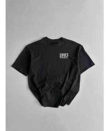 Baskılı Oversize Bisiklet Yaka T-shirt - Siyah