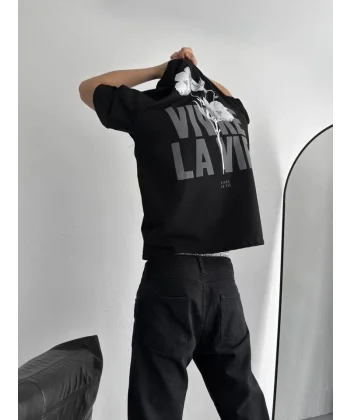 Baskılı Oversize Bisiklet Yaka T-shirt - Siyah