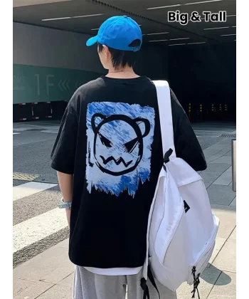 Baskılı Oversize Bisiklet Yaka T-shirt - Siyah