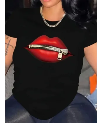 Baskılı Oversize Bisiklet Yaka T-shirt - Siyah