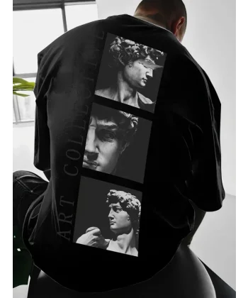 Baskılı Oversize Bisiklet Yaka T-shirt - Siyah