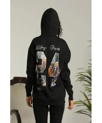 Baskılı Oversize Üç İplik Kapüşonlu Sweatshirt - Siyah