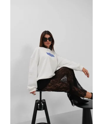 Baskılı Sıfır Yaka Oversize Sweatshirt