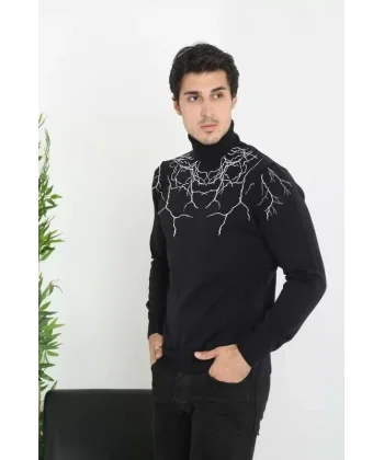 Baskılı Tam Boğaazlı Uzun Kol Dokuma Triko - Siyah