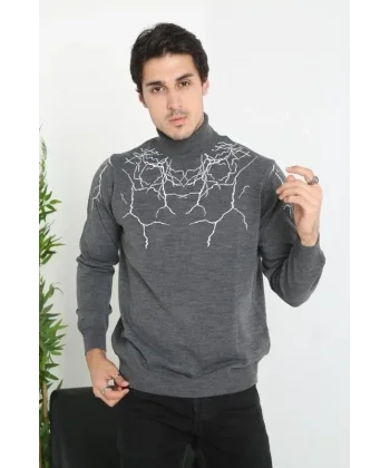 Baskılı Tam Boğazlı Uzun Kol Dokuma Triko - Antrasit