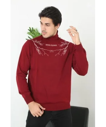 Baskılı Tam Boğazlı Uzun Kol Dokuma Triko - Bordo