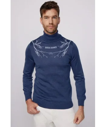 Baskılı Tam Boğazlı Uzun Kol Dokuma Triko - Indigo