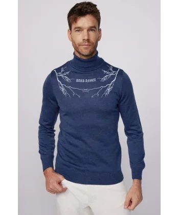 Baskılı Tam Boğazlı Uzun Kol Dokuma Triko - Indigo