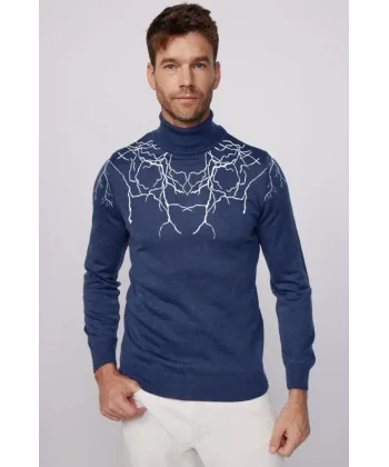 Baskılı Tam Boğazlı Uzun Kol Dokuma Triko - Indigo