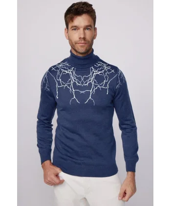 Baskılı Tam Boğazlı Uzun Kol Dokuma Triko - Indigo