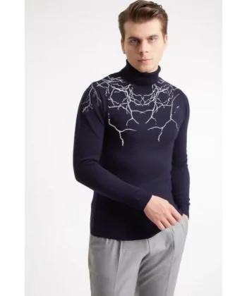 Baskılı Tam Boğazlı Uzun Kol Dokuma Triko - Lacivert