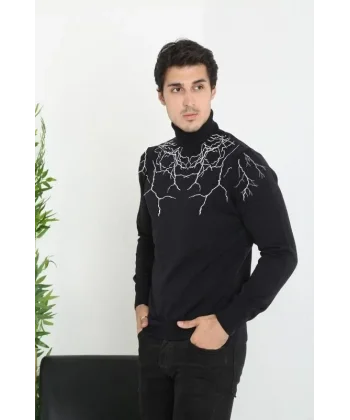 Baskılı Tam Boğazlı Uzun Kol Dokuma Triko - Siyah