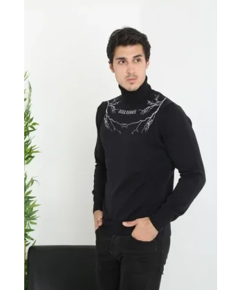 Baskılı Tam Boğazlı Uzun Kol Dokuma Triko - Siyah