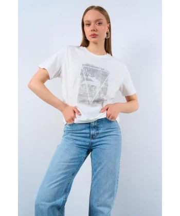 Baskılı Tshirt  Krem