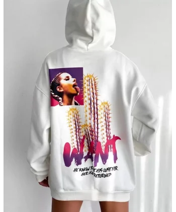 Baskılı Üç İplik Kapüşonlu Oversize Sweatshirt - Beyaz