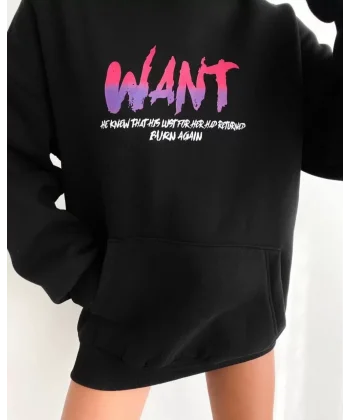 Baskılı Üç İplik Kapüşonlu Oversize Sweatshirt - Siyah