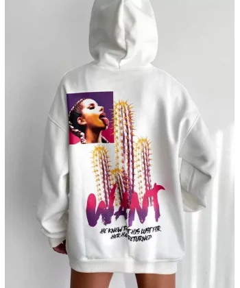 Baskılı Üç İplik Kapüşonlu Oversize weatshirt  Beyaz