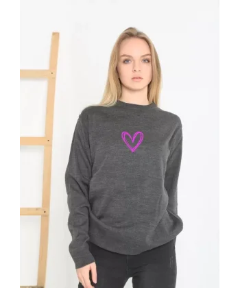 Baskılı Uzun Kol Bisiklet Yaka Dokuma Triko  Füme