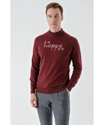 Baskılı Uzun Kol Yarım Boğazlı Dokuma Triko - Bordo