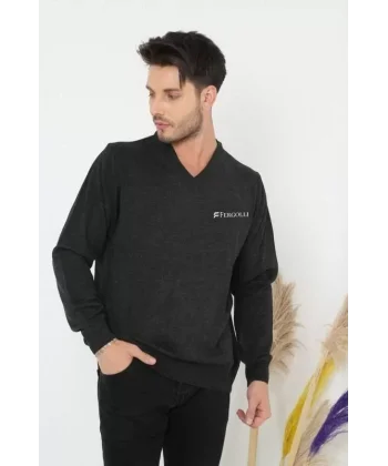 Baskılı V Yaka Uzun Kol Dokuma Triko - Füme