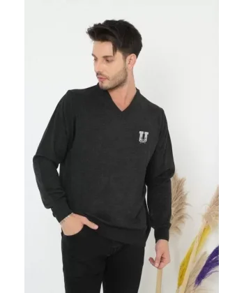 Baskılı V Yaka Uzun Kol Dokuma Triko - Füme