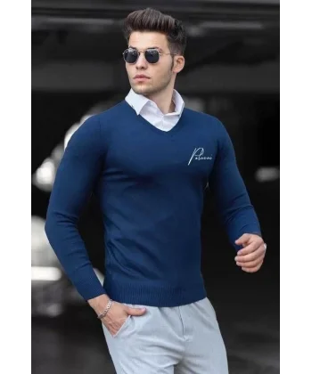 Baskılı V Yaka Uzun Kol Dokuma Triko - Indigo