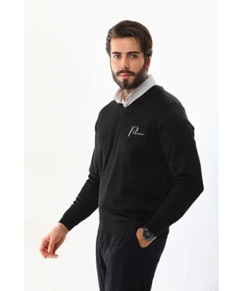 Baskılı V Yaka Uzun Kol Dokuma Triko - Siyah