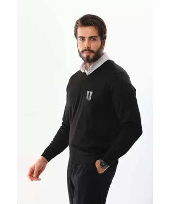 Baskılı V Yaka Uzun Kol Dokuma Triko - Siyah