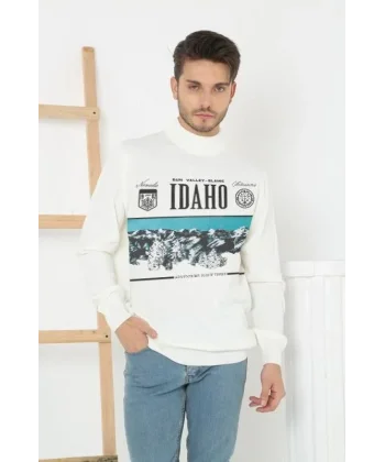 Baskılı Yarım Boğazlı Uzun Kol Dokuma Triko - Beyaz