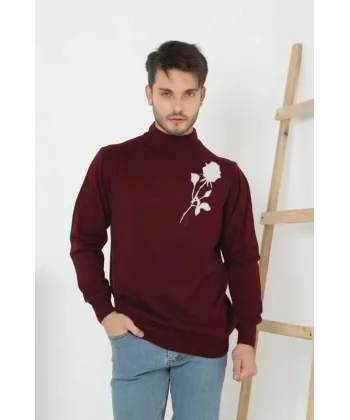 Baskılı Yarım Boğazlı Uzun Kol Dokuma Triko - Bordo