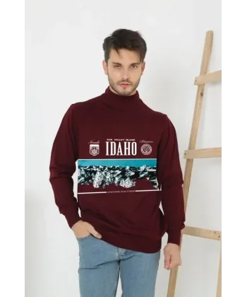 Baskılı Yarım Boğazlı Uzun Kol Dokuma Triko - Bordo