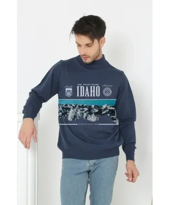 Baskılı Yarım Boğazlı Uzun Kol Dokuma Triko - Indigo