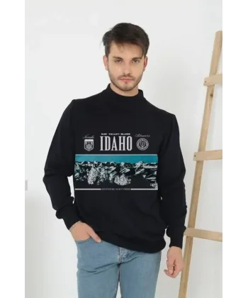 Baskılı Yarım Boğazlı Uzun Kol Dokuma Triko - Siyah