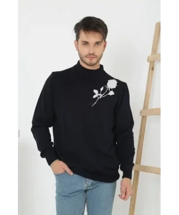 Baskılı Yarım Boğazlı Uzun Kol Dokuma Triko - Siyah