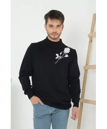 Baskılı Yarım Boğazlı Uzun Kol Dokuma Triko - Siyah