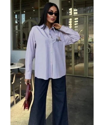 Baykuş Nakışlı Renkli Düğmeli Çizgili Kazak 3461