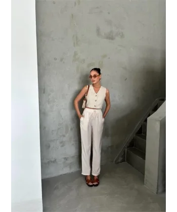 BE ATİK DETAYI ODA KUAŞ PANTOON  Bej