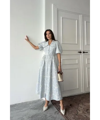 Bebe Mavi Bebe Yaka Balon Kollu Elbise