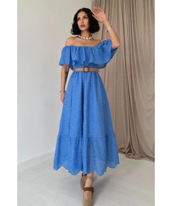 Bebe Mavi Omzu Lastikli Brode Elbise