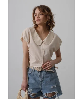 Bebe Yaka Yanları Bağlamalı Bluz - Taş