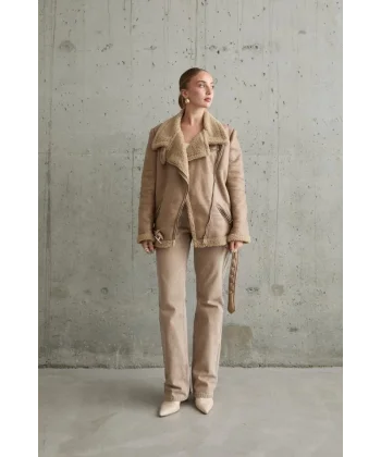 Bej Apoletli Kürklü Ceket