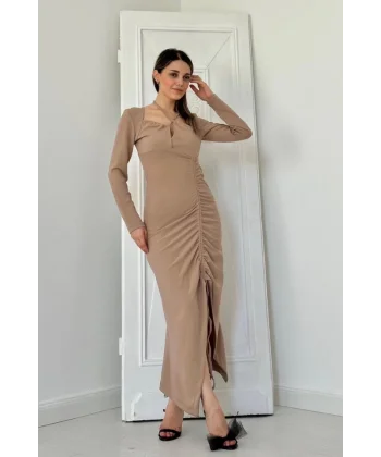 Bej Askılı Ve Yırtmaçlı Elbise