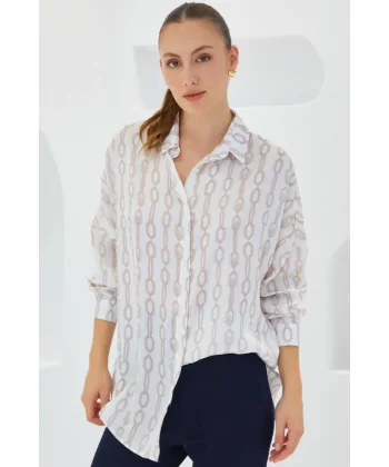 Bej Beyaz Desenli Oversize Saten Gömlek 3985