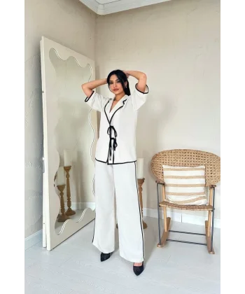 Bej Biye Detaylı Keten Takım