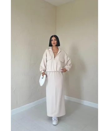 Bej Biyeli Sweatshirt Ve Etek Takım