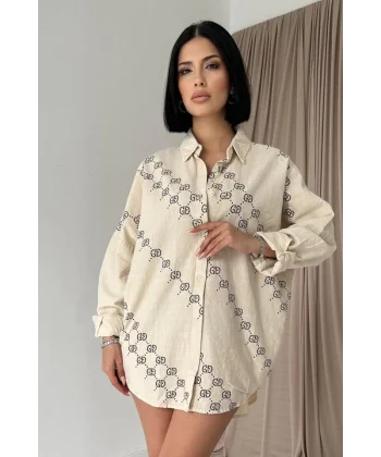 Bej Boyamalı Keten Baskılı Taşlı Gömlek