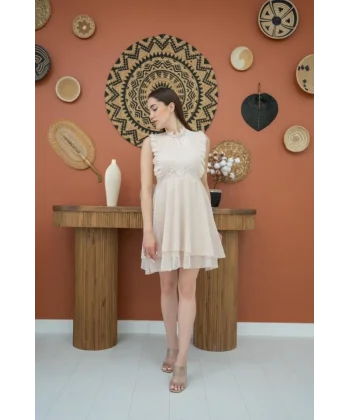 Bej Çiçek Desenli Elbise