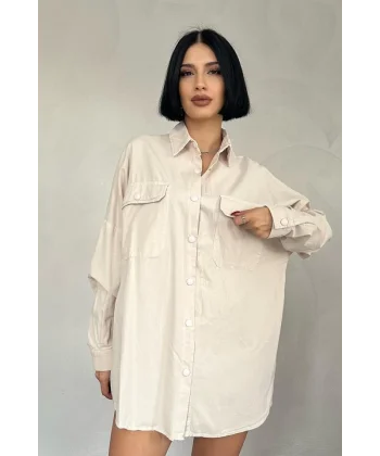 Bej Çift Cep Kapaklı Çıtçıtlı Gömlek