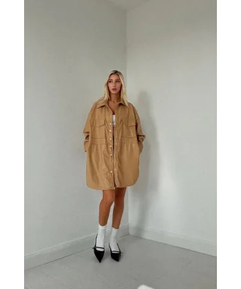 Bej Çıtçıt Kapama Cepli Deri Ceket